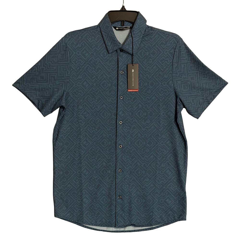 Travis Mathew Shirt Men's Small Lightweight Button-Up Stretch Blue Geo NWT